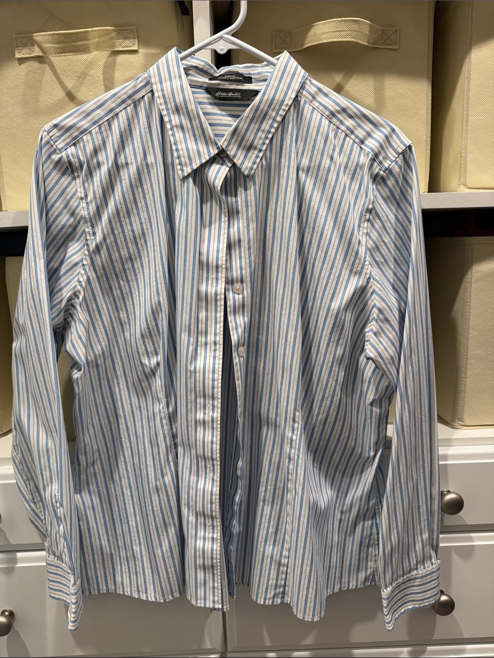 Eddie Bauer Women's Light Blue and White Striped Button-Down Shirt